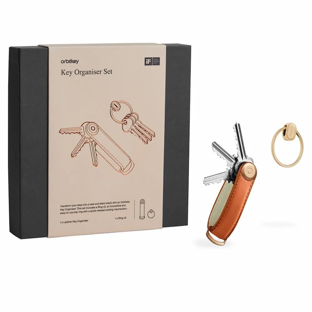 Coffret cadeau Orbitkey - Organiseur de clés en cuir - Cognac avec anneau doré